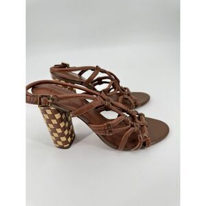 Tory Burch Layce Brown Leather Sandals Woven Strappy Chunky High Heel Sz 9